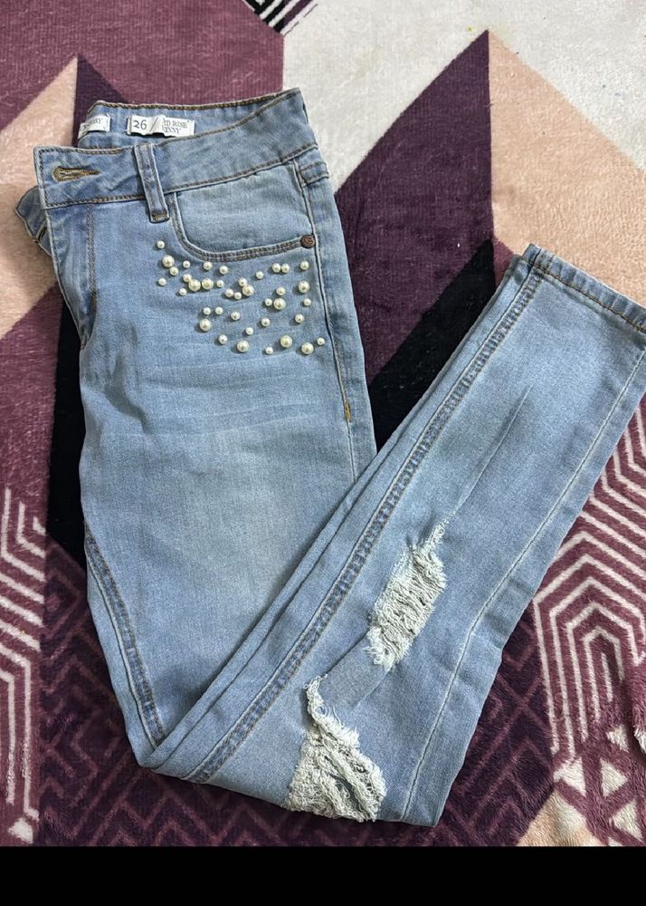 Pearl Embellished Ripped Jeans