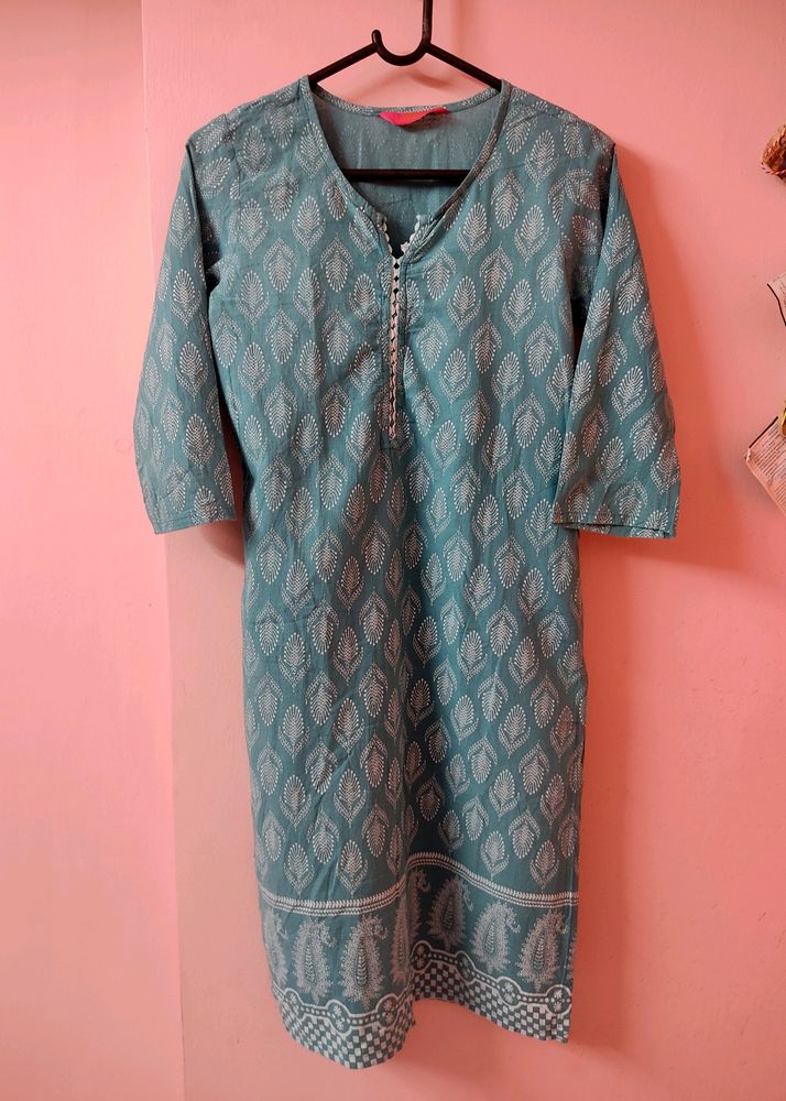 Turquoise Blue Kurta Top With White Pattern Design