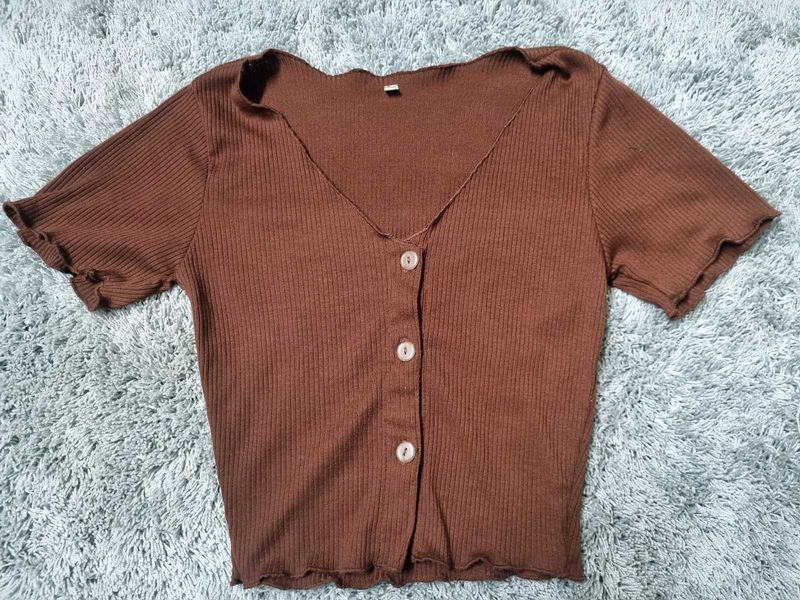 Ribbed Brown Button-Front Top
