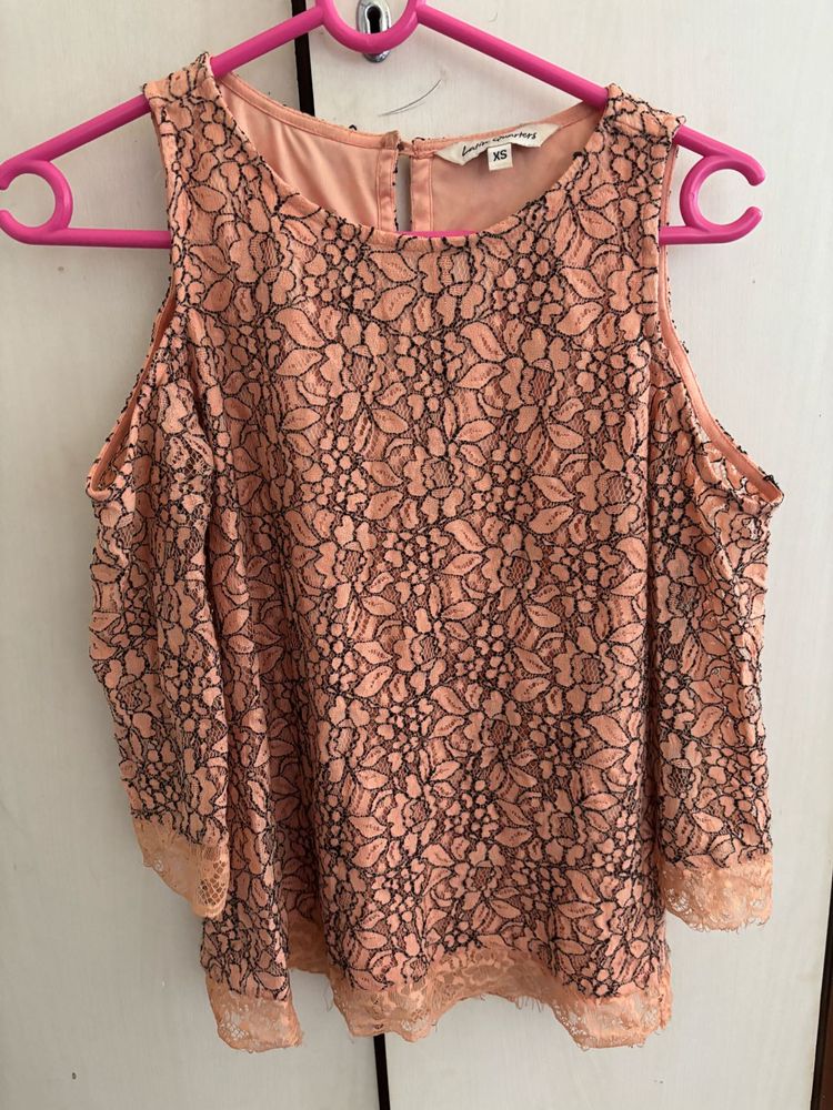 Peach Lace Cold Shoulder Top