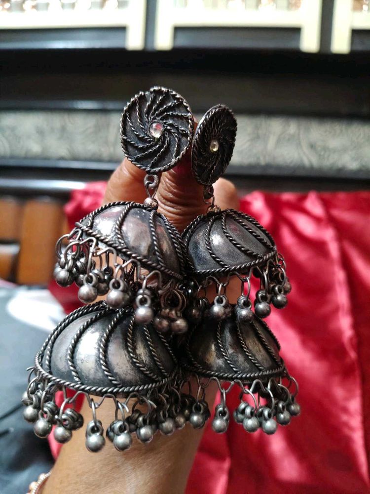Oxidized Silver Jhumka Earrings