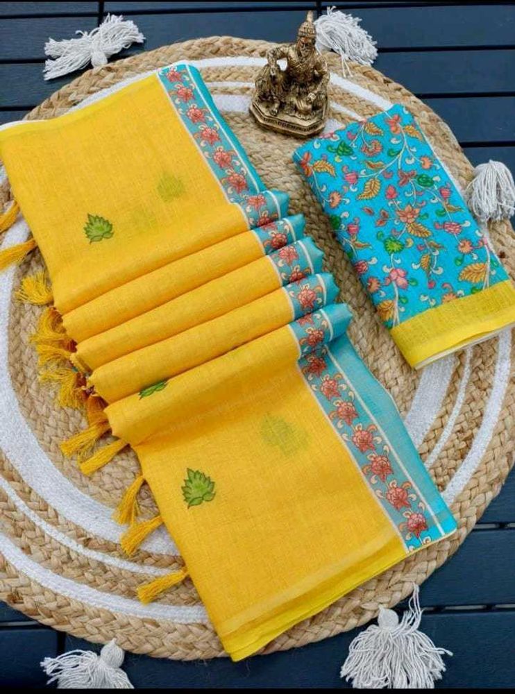 Yellow &amp; Blue Floral Linen Saree