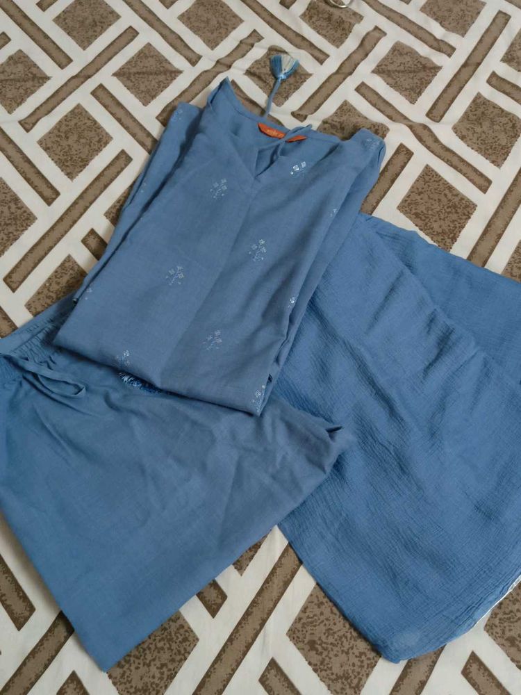 Blue Kurta Pant Set With Dupatta