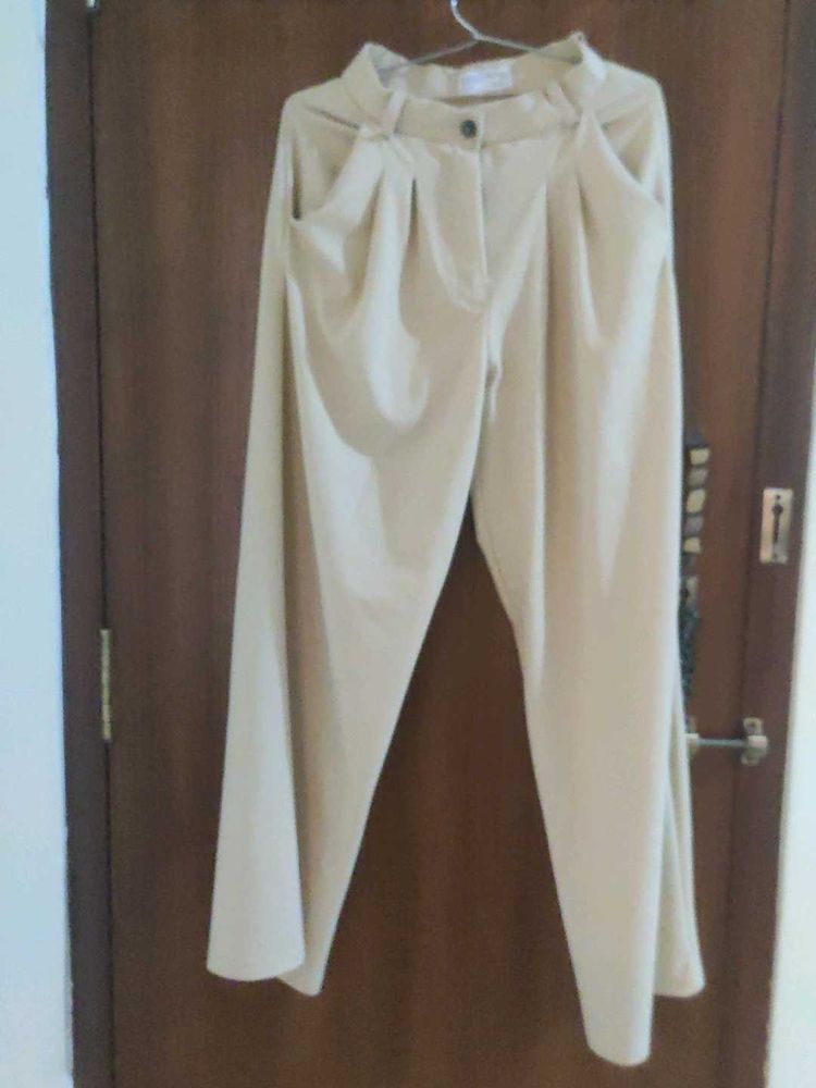 Beige Wide Leg Trousers