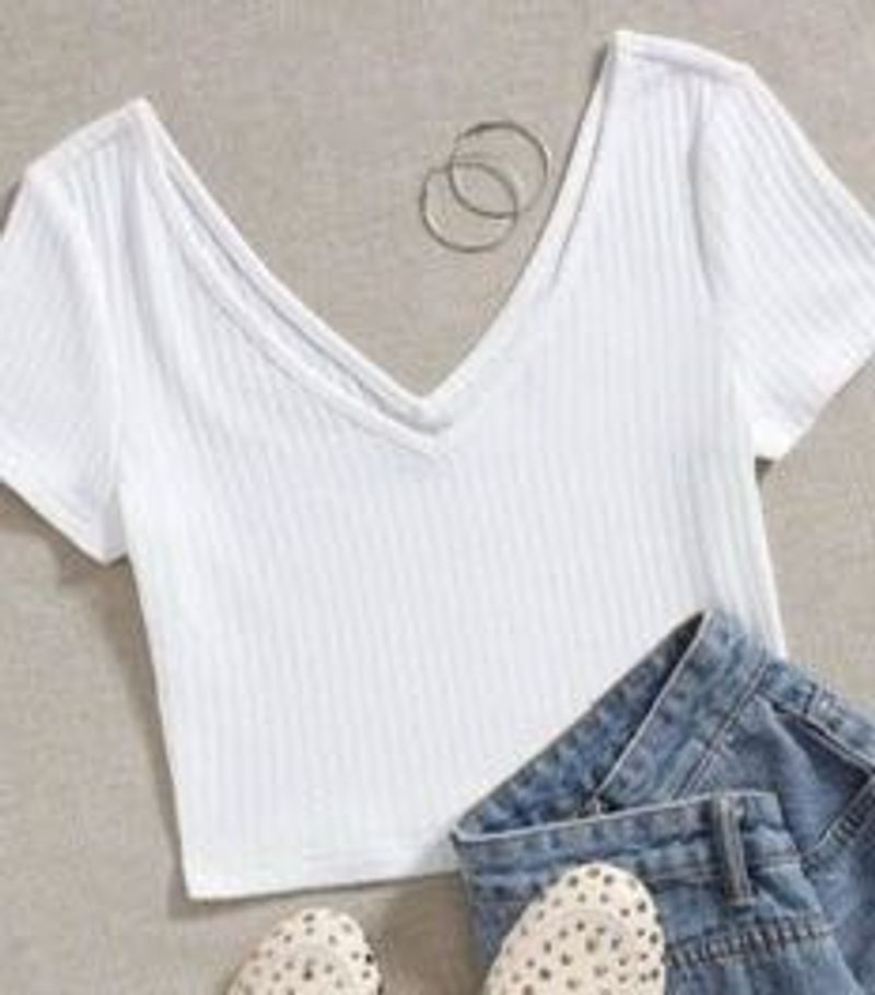 Double V-Neck Rib Knit White Top (Size M)