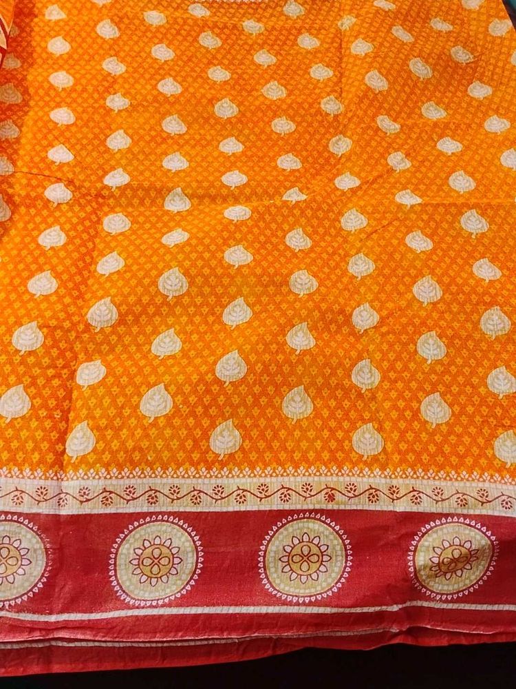 Orange &amp; Red Pure Cotton Saree With Blouse