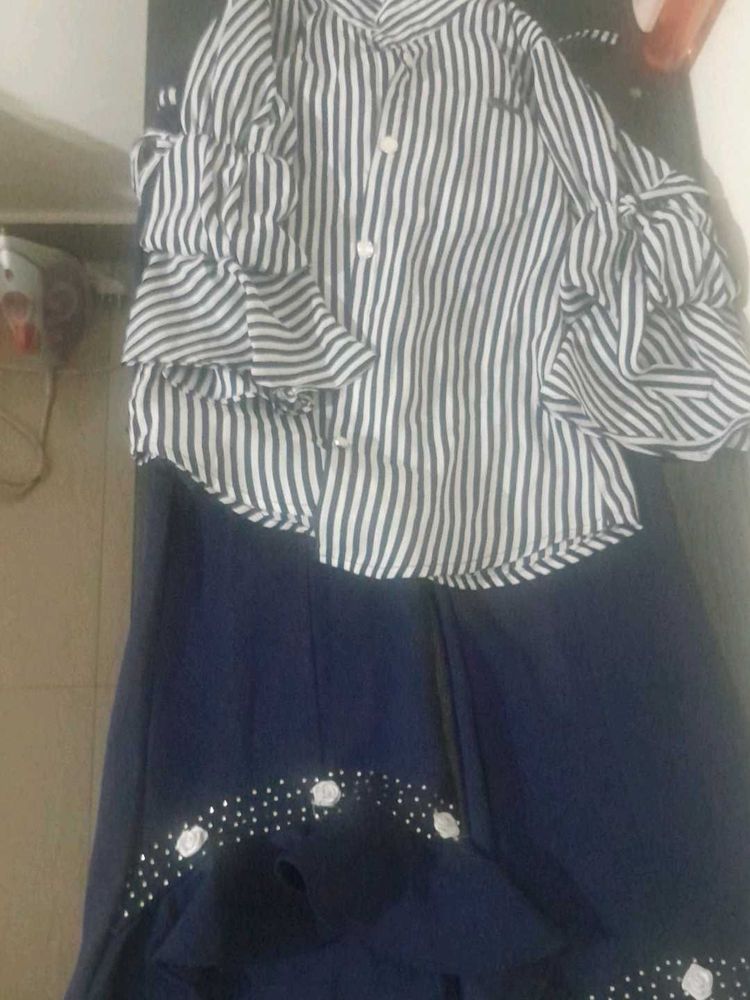 Striped Top &amp; Navy Skirt Set