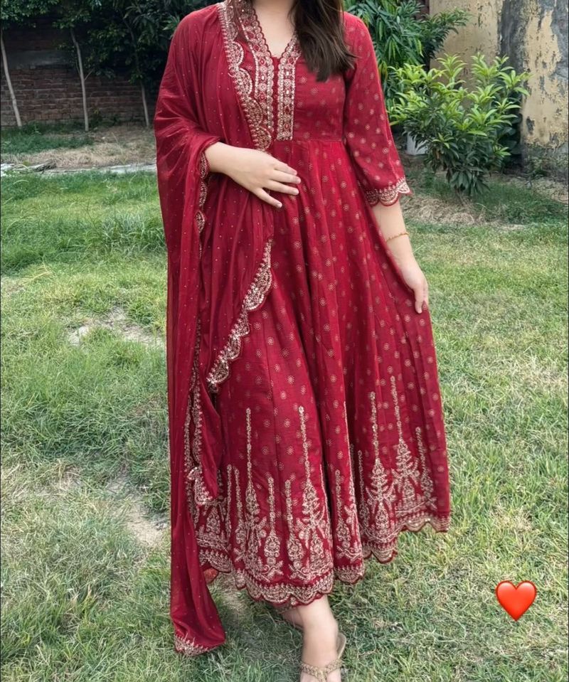 Red Anarkali Suit Set With Pant Dupatta