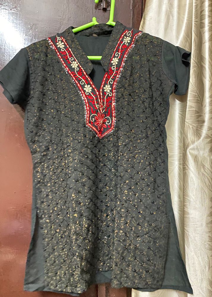 Black Cotton Embroided Short Kurti In XXS size