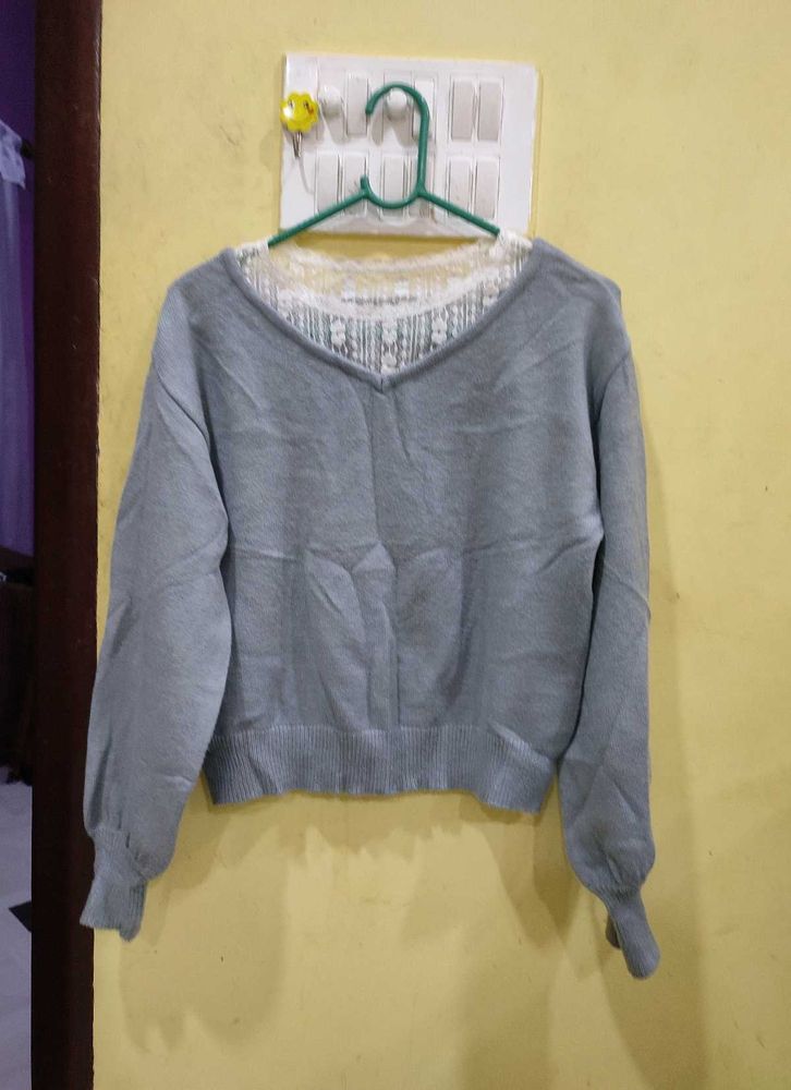 Chic Grey V-Neck Sweater with Delicate Lace Detail