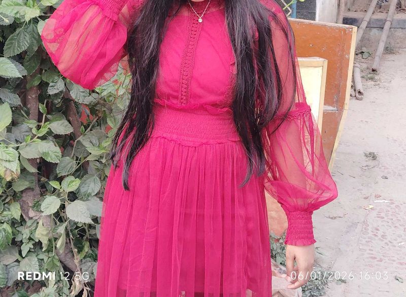 Burgundy Sheer Sleeve  Korean Mini Dress