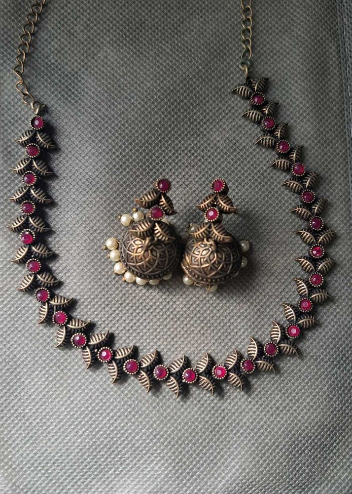 Oxidized Silver &amp; Ruby Necklace Set