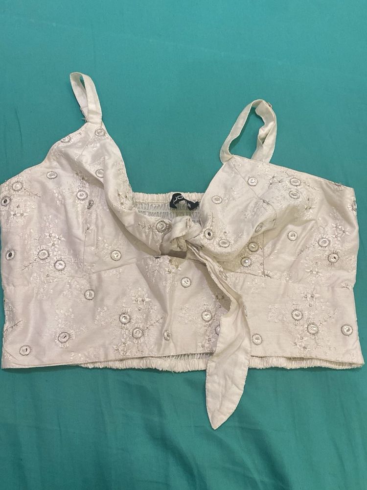 Embroidered Tie-Front Crop Top