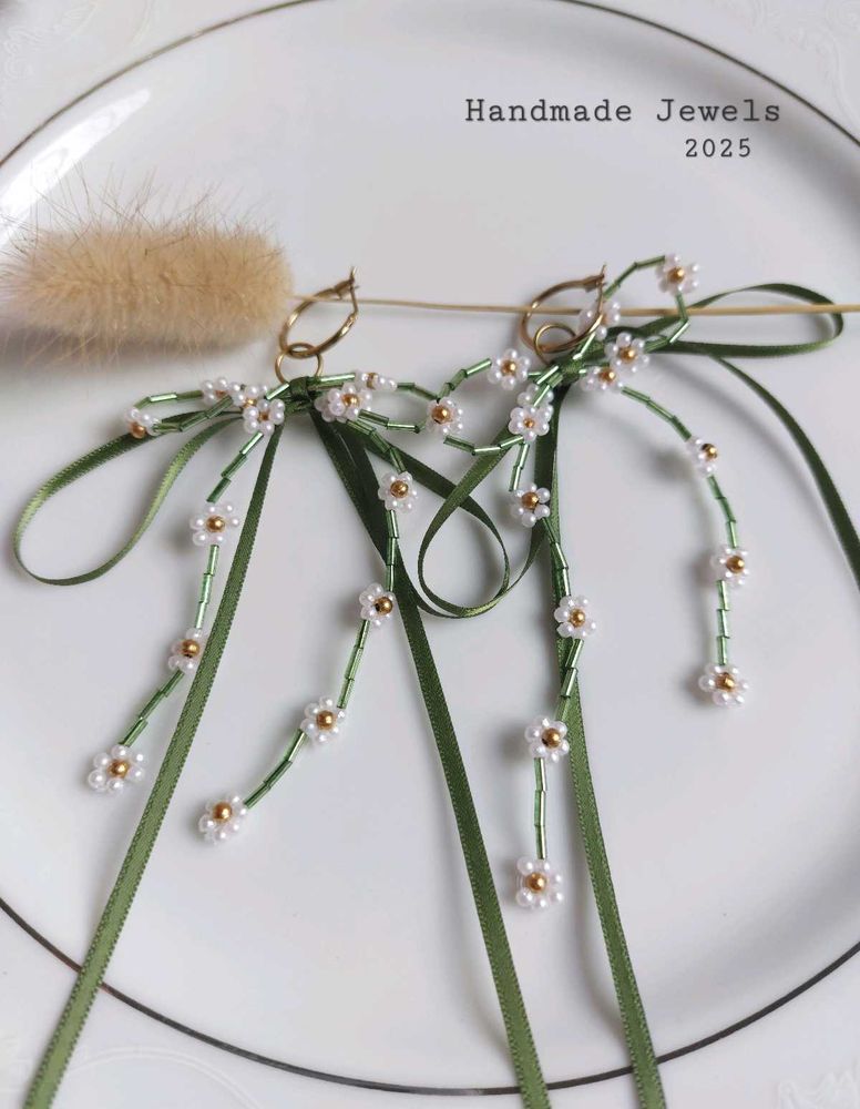 Beaded Daisy &amp; Satin Bow Hoop Earrings