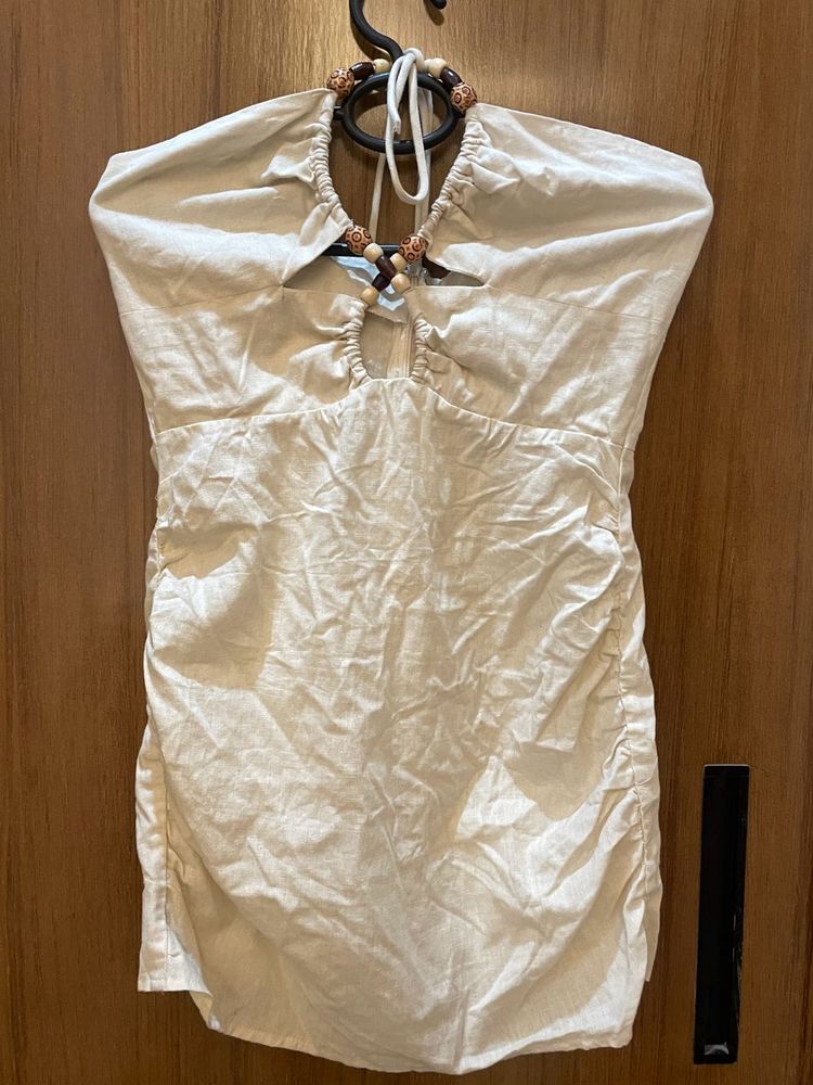 Cream Halter Ruched Mini Dress with Bead Detailing