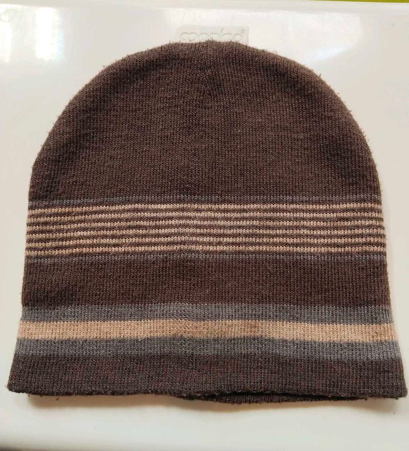 Brown Striped Knit Beanie Hat