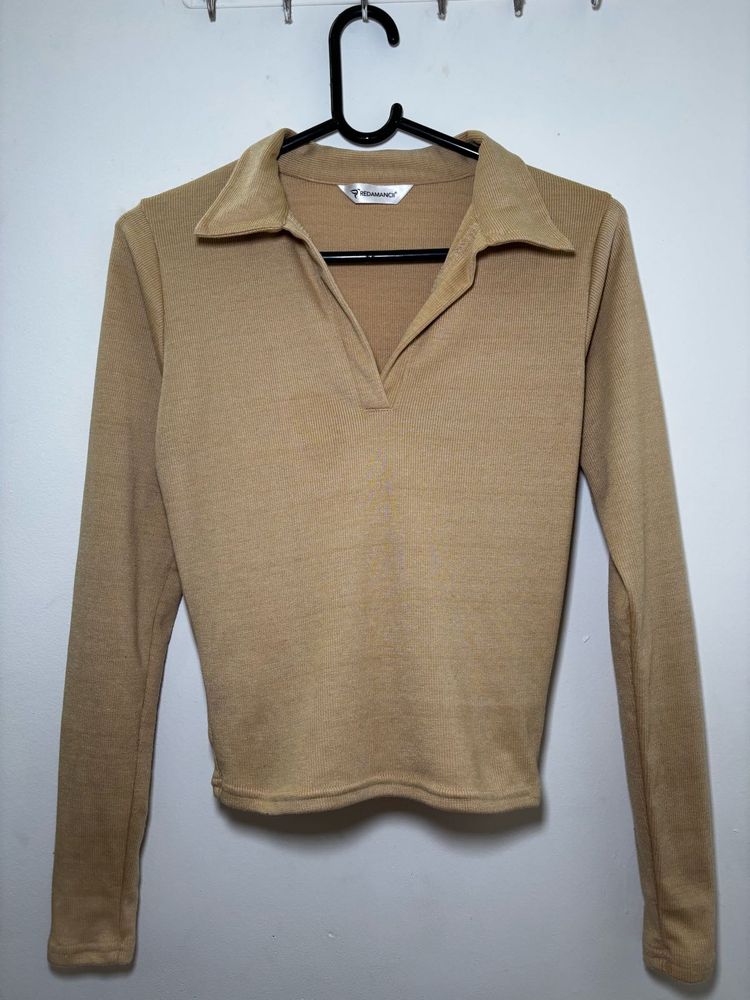 Ribbed Beige Formal Top/ Tshirt With Collar