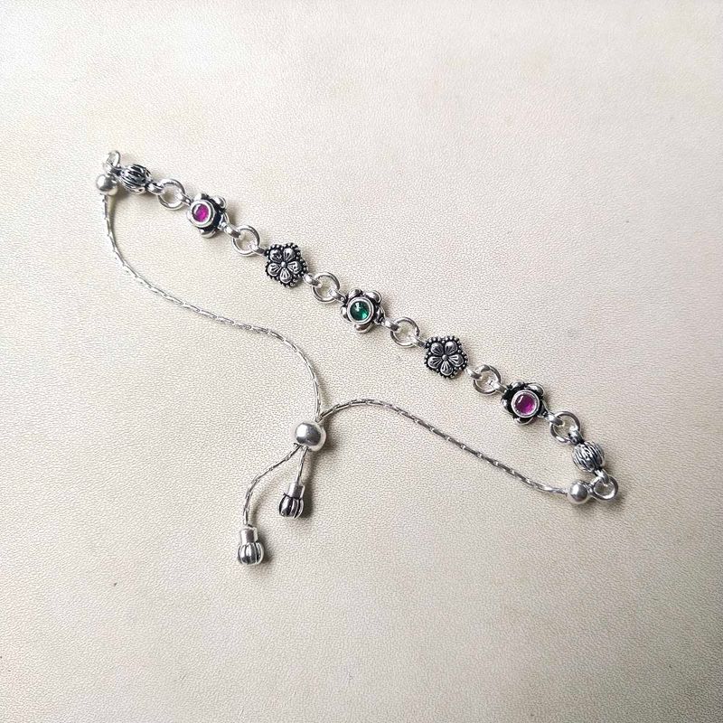Pure Silver Antique Oxidised Pink&amp;Green CZ Bracele
