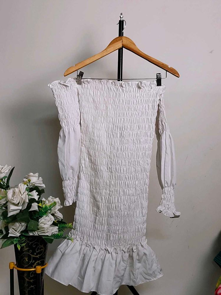 White Off-Shoulder Smocked Mini Dress