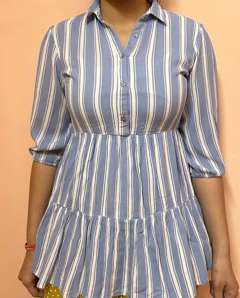 Blue With Vertical White Strips Top