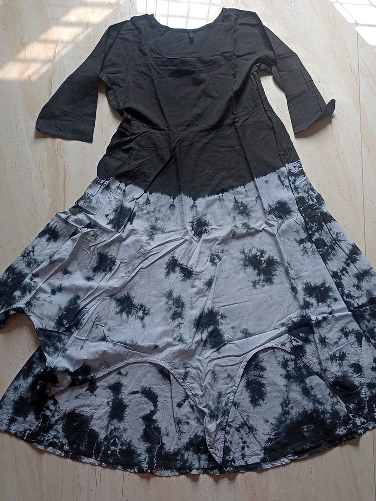 Black And Gray Pure Cotton Anarkali Dress