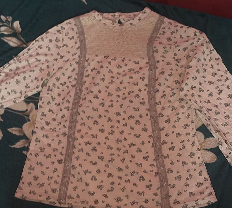Floral Lace Trim Long Sleeve Top