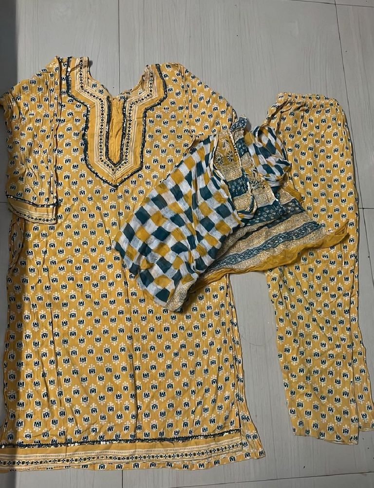Yellow Printed Kurta Set with Dupatta