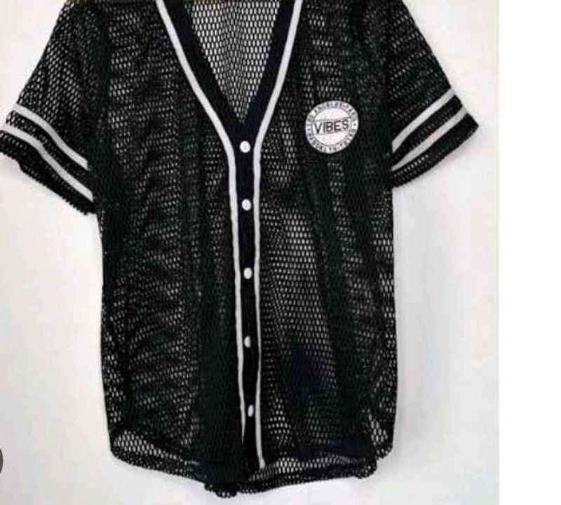 Black Mesh Button-Up Top