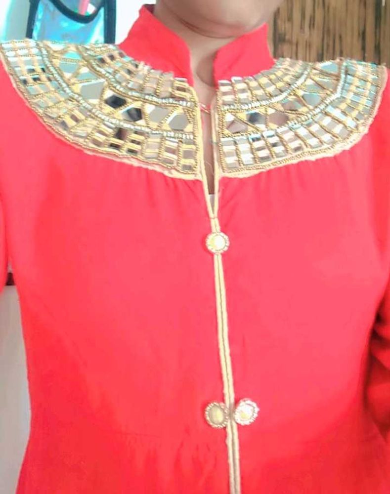 Red Mirror Work Fish Cut Long Gown