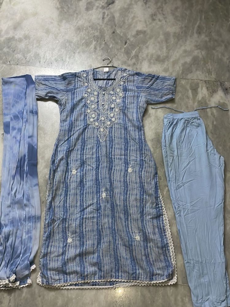 Blue Cotton Embroidered Kurta Set