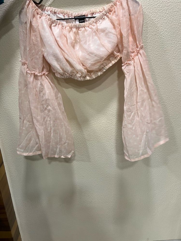 Pink Off-Shoulder Bell Sleeve Top