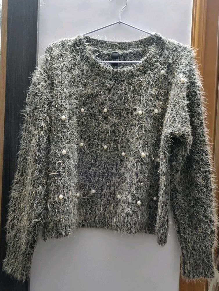 Pearl Detail Fuzzy Knit Sweater