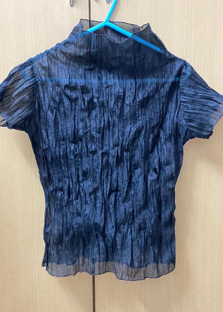 Sheer Crinkle Mock Neck Top