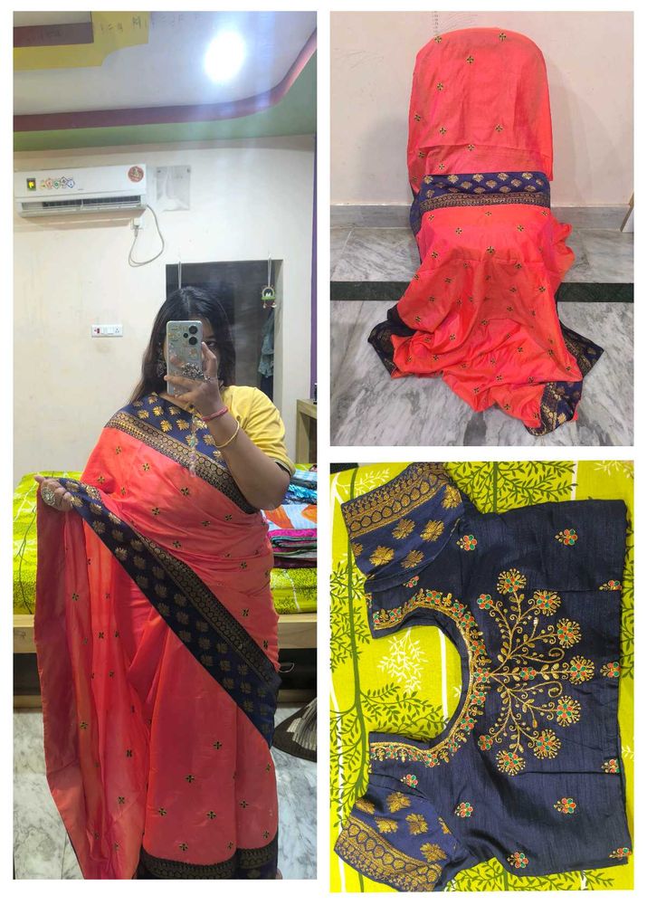 Elegant Coral &amp; Navy Saree