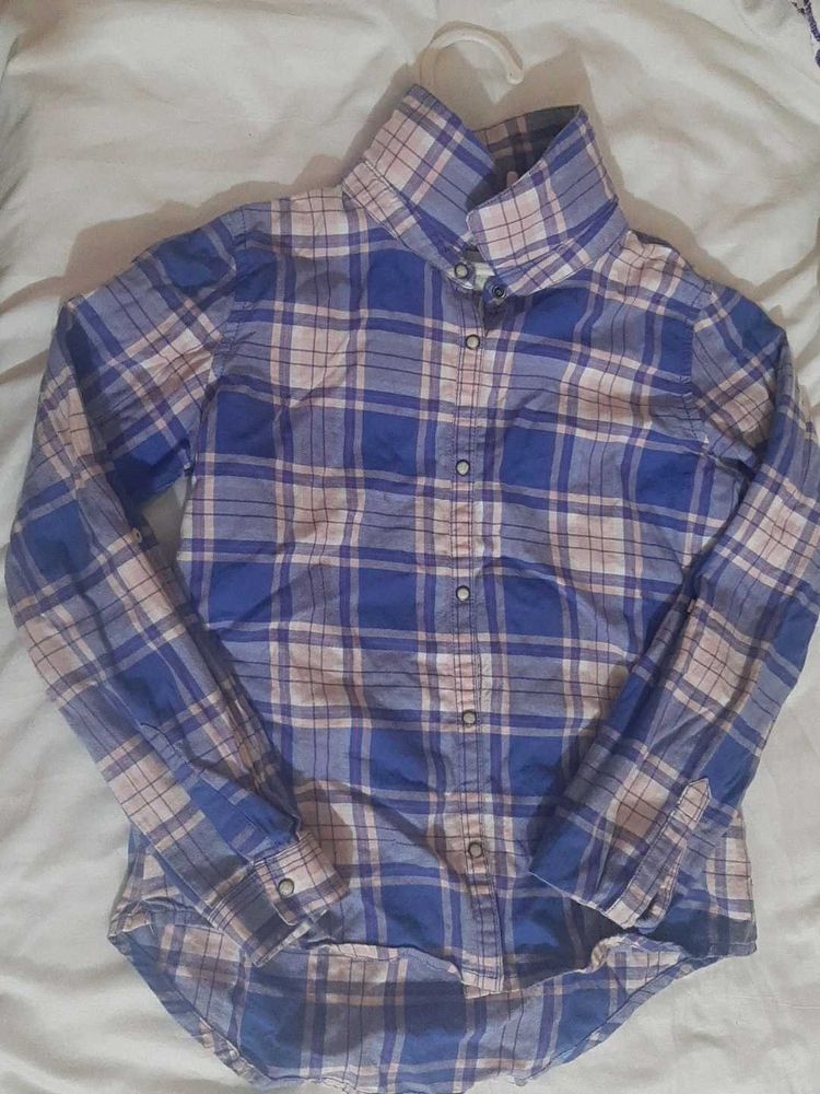 Blue &amp; Tan Plaid Button Down Shirt
