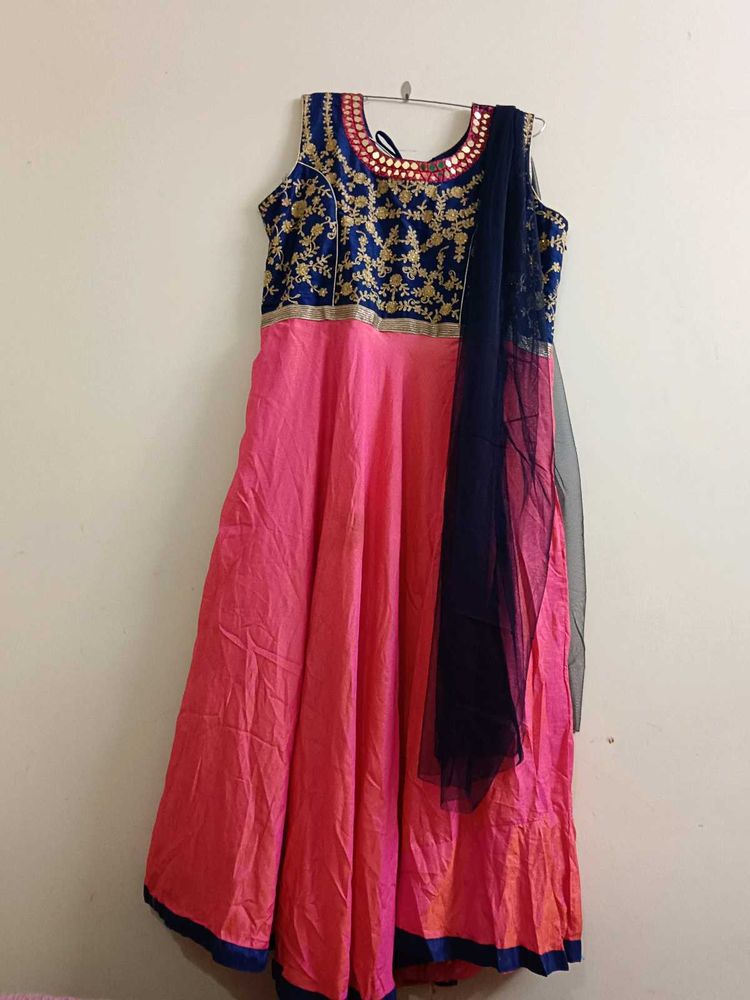 Navy Blue And Pinkish Red Anarkali Suit
