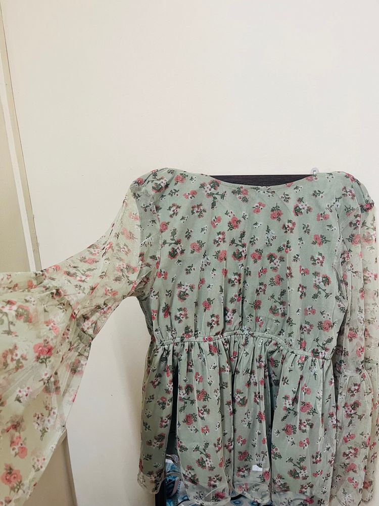 Floral Top With Net Sleeves