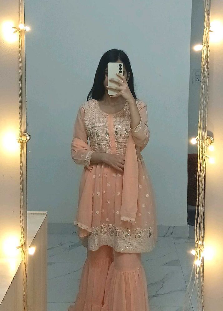 Peach Embroidered Gharara Suit