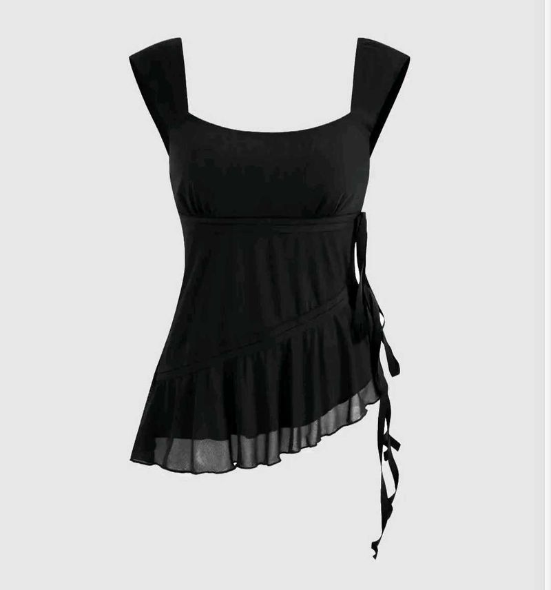 U Neck Line Asymmetrical Ruffle Trim Knoted Top
