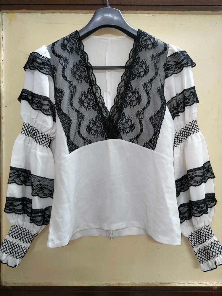 White Lace Ruffle Top With Zipper In the Back