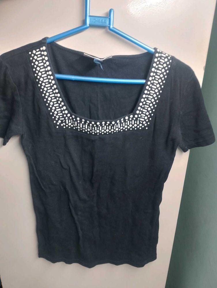 Black Top with Embellished Neckline