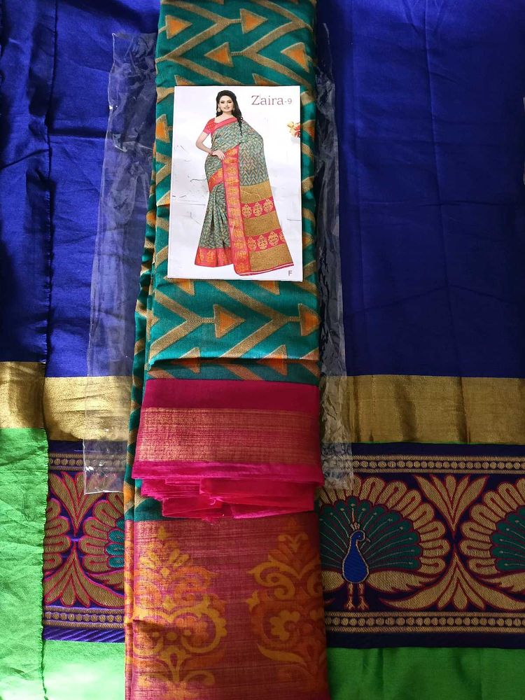 NewSilkSaree SeaGreen&amp;PinkBorder WithUnstichedBlou