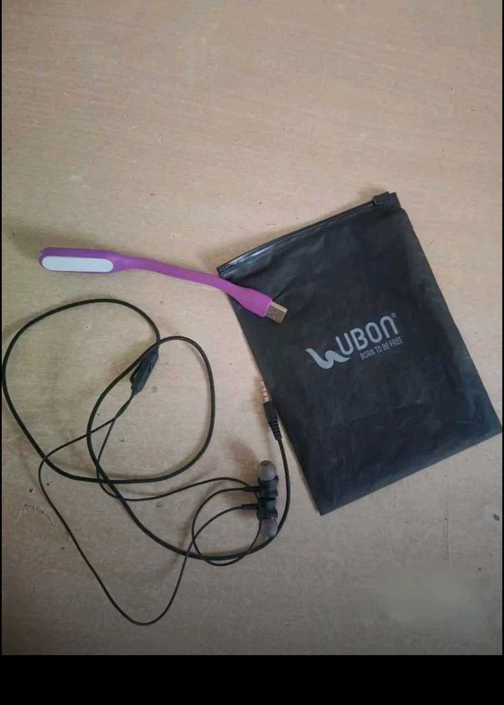 Ubon wired earphones and usb led light.