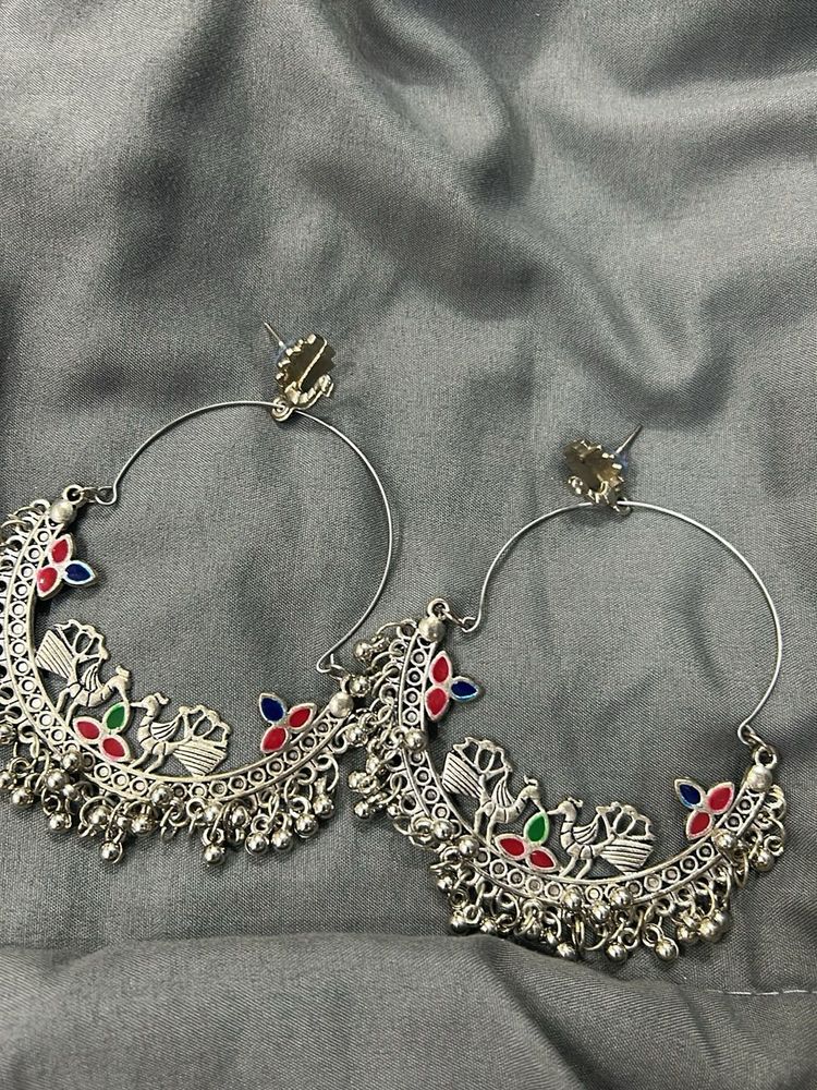 Silver Peacock Hoop Earrings