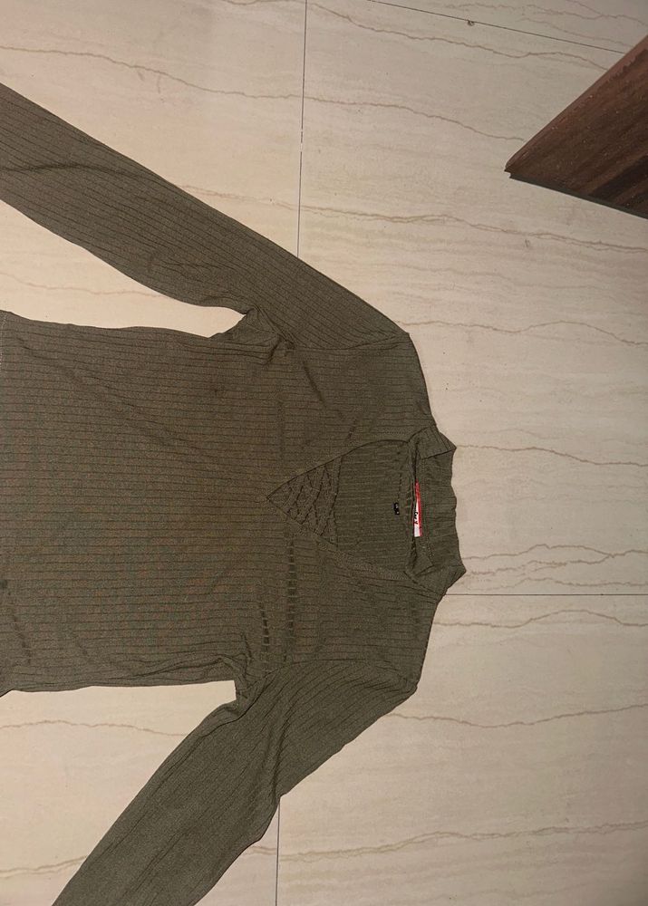 Modest Olive Green Ribbed Long Sleeve Top
