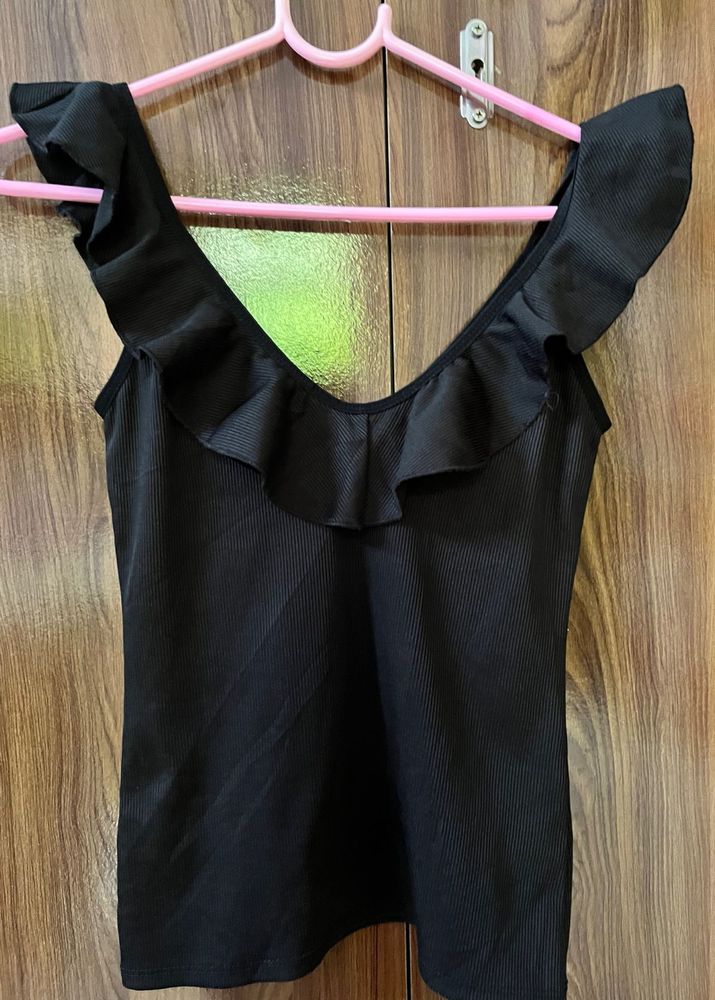 Ruffle Trim Black Tank Top
