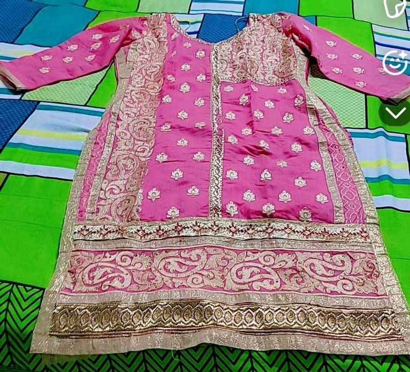 Pink Golden A line Side Cut Party Wear Kurta
