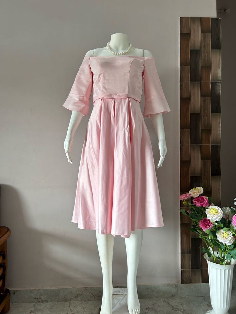 pink off shoulder satin midi gown