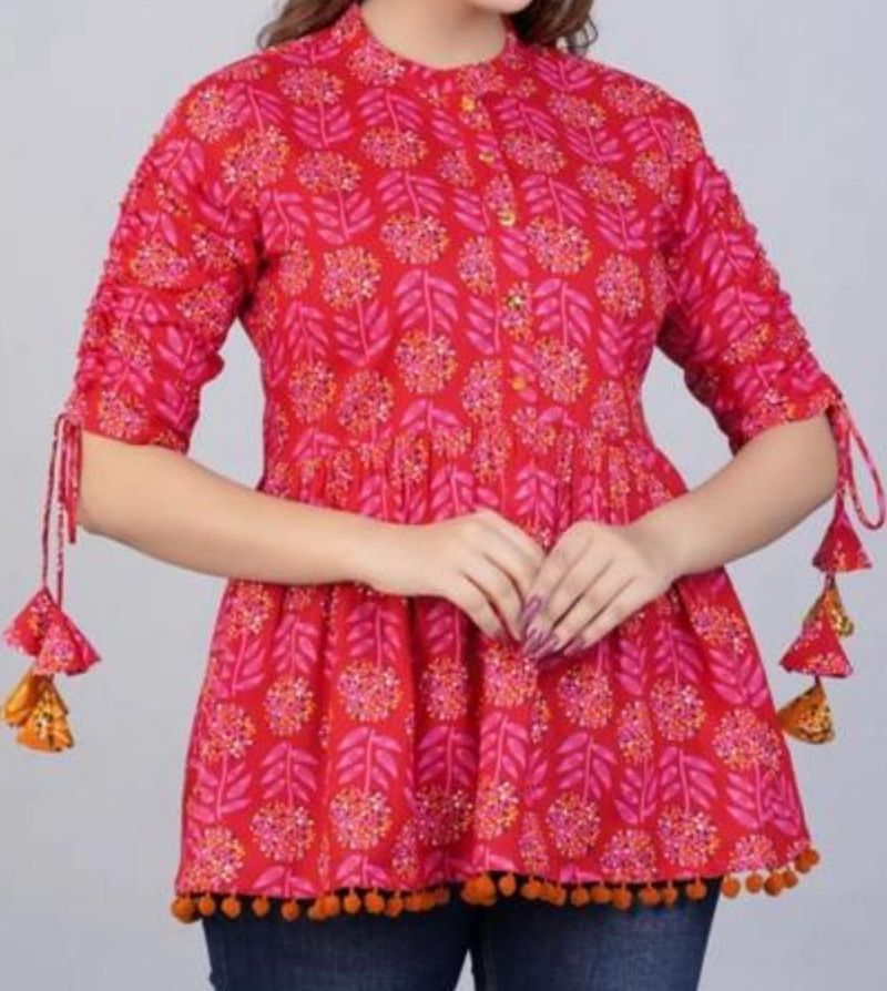 &#34;Vibrant Pink Floral Peplum Top with Tassel Sleeve