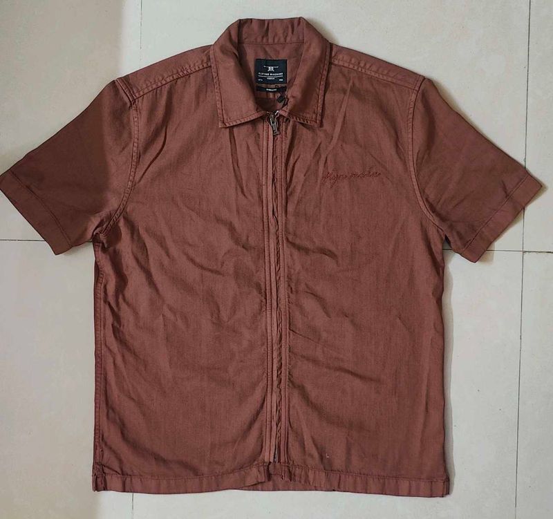 Brown Short Sleeve Zip Shirt